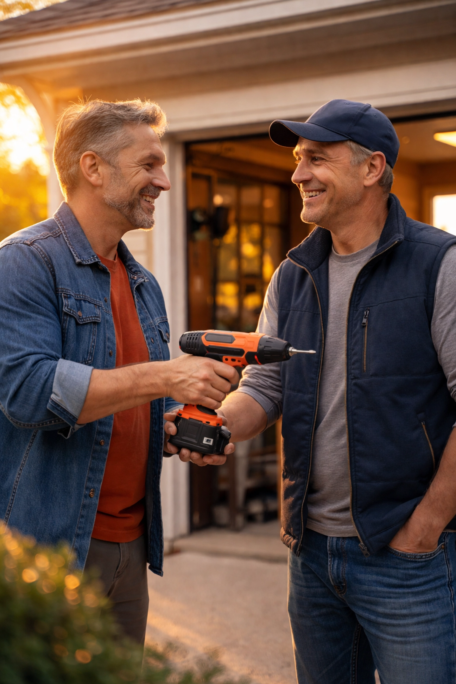 Two neighbors smiling and exchanging a power tool in a driveway, reflecting community sharing and peer-to-peer rentals.