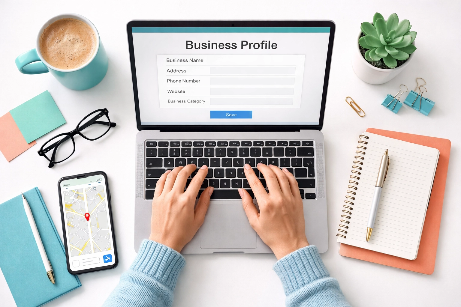 Hands typing on laptop to complete Google Business Profile form, surrounded by small business essentials