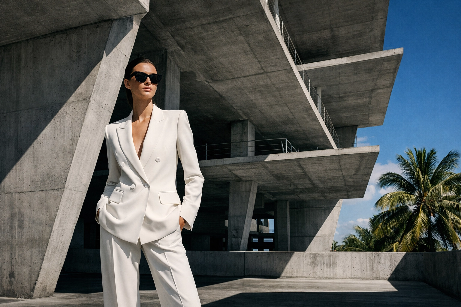 High-fashion commercial photography at 1111 Lincoln Road featuring Miami's modern architecture.