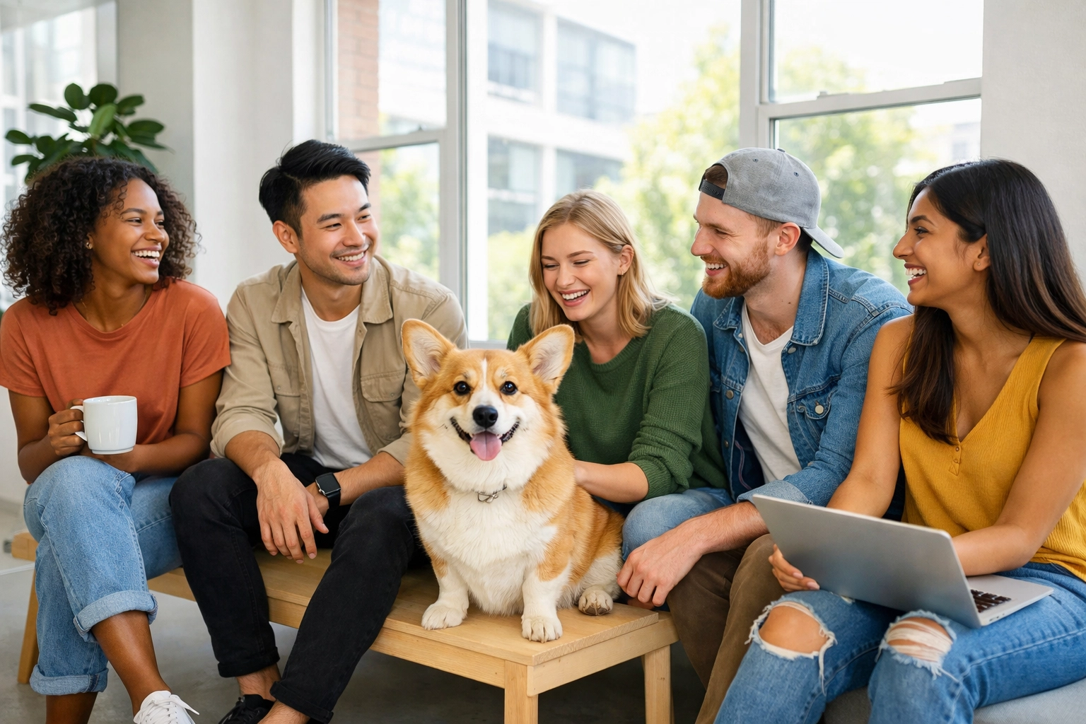 Millennial employees enjoying pet friendly employee benefits in office break room
