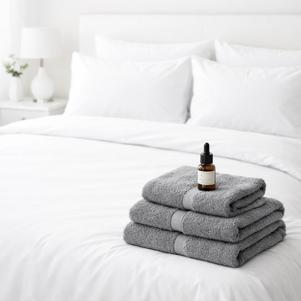 High-end hospitality-grade bedroom staging with fresh white linens and towels.