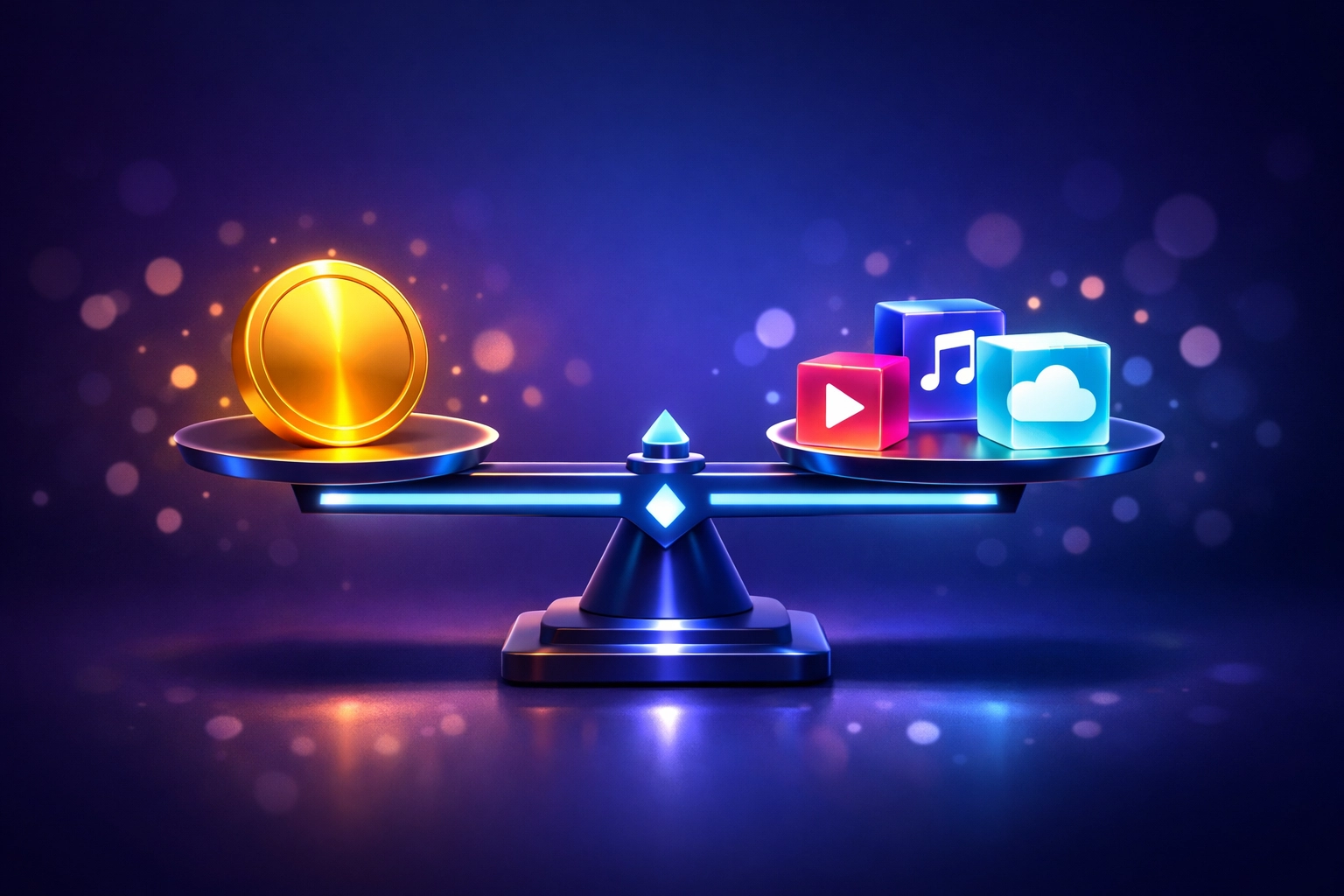 A balanced scale comparing the cost of a gold coin to various digital service subscription icons.