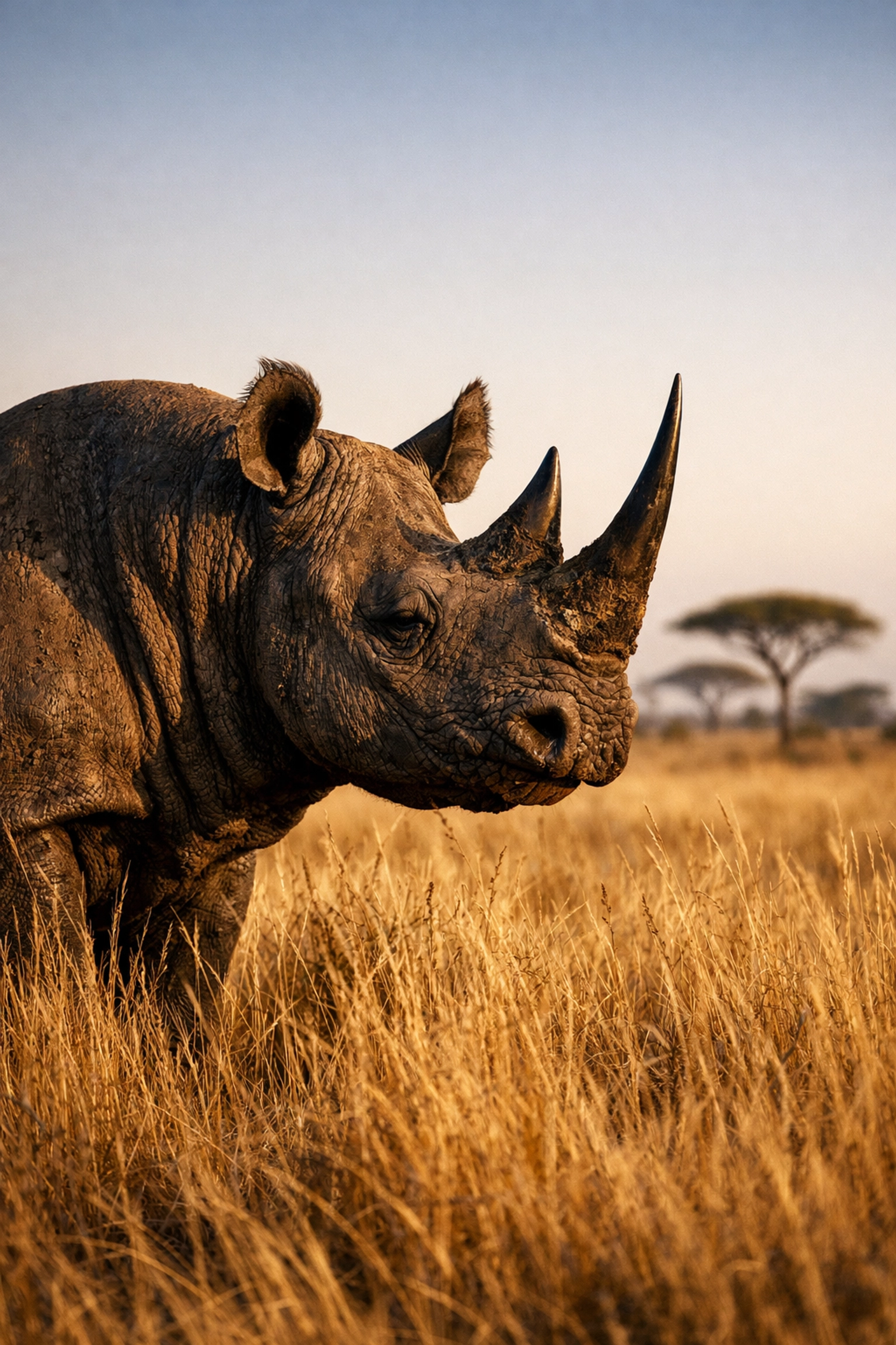 A resilient black rhino standing in golden savanna grass, highlighting wildlife conservation milestones.