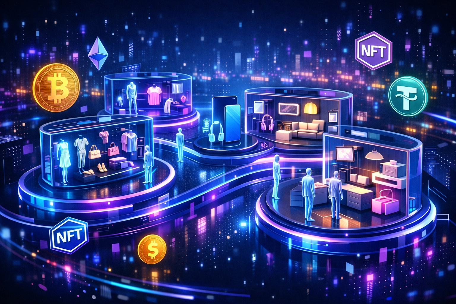 Futuristic metaverse shopping mall with virtual storefronts and avatars browsing crypto-enabled stores