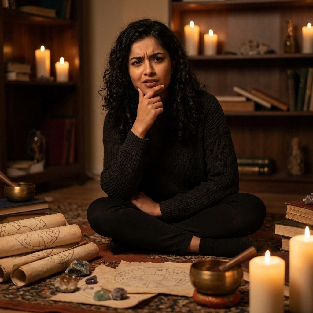 Thoughtful Indian woman with gemstones and astrology charts, questioning Rahu astrology remedies