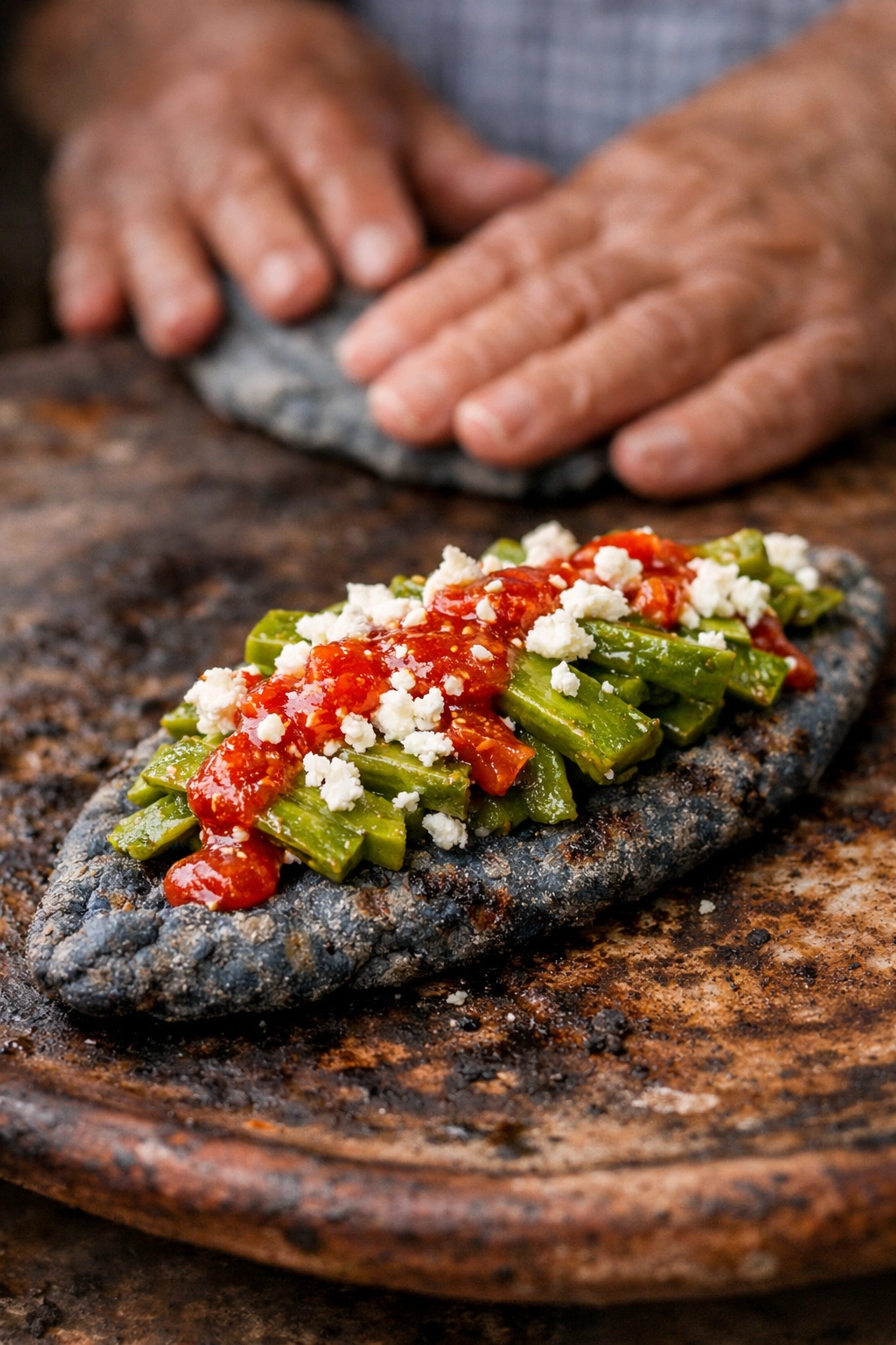 The Ultimate Guide to Mexico City Street Food: Everything You Need to Succeed on a Budget 2 A blue corn tlacoyo with cactus and salsa cooking on a traditional griddle in Mexico City.