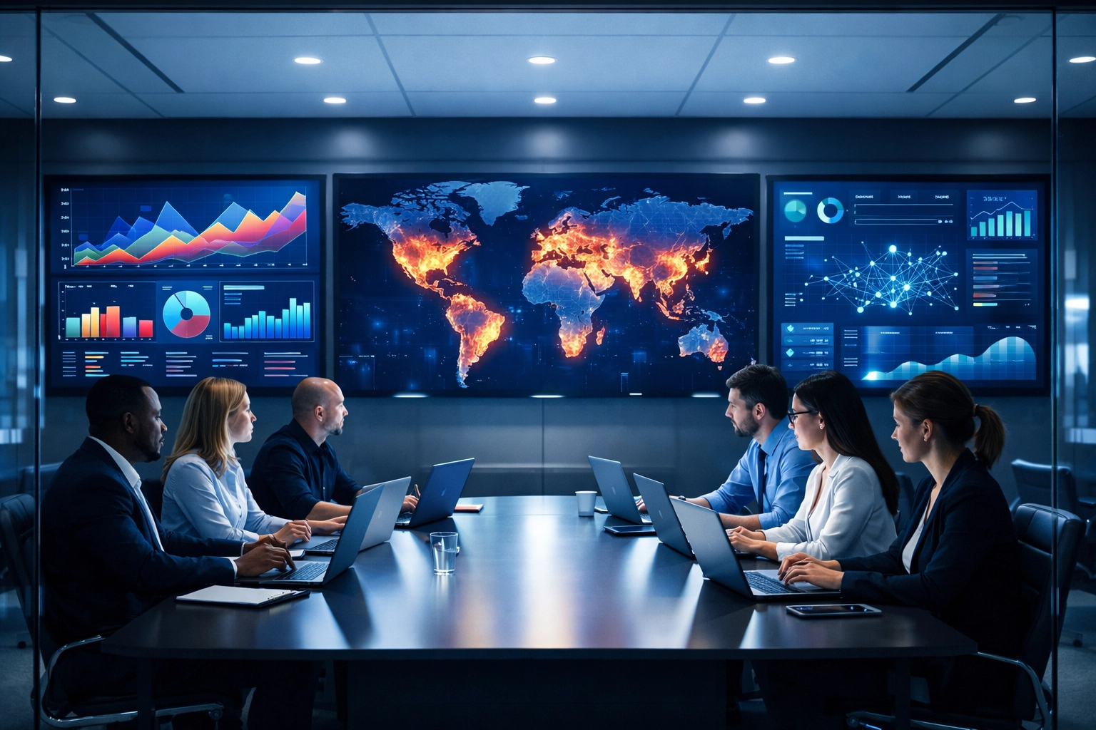 Marketing professionals tracking real-time digital engagement in a high-tech corporate social media war room.