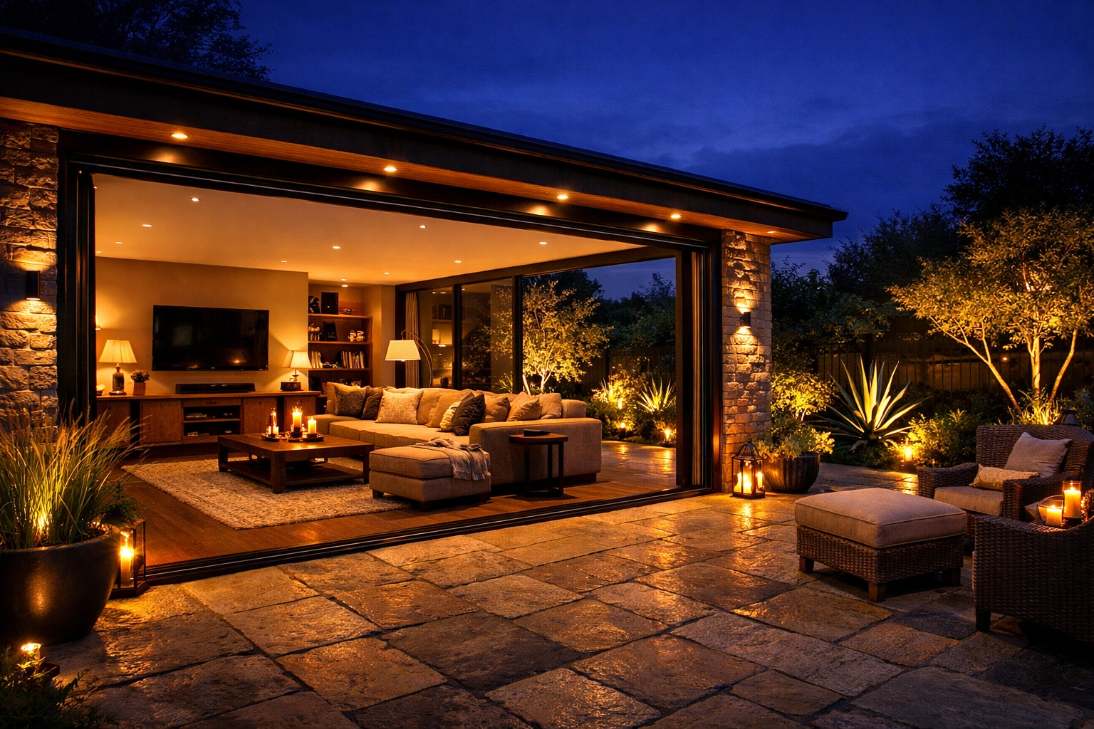 Contemporary glass rear extension with bifold doors and stone patio for a Chichester home.