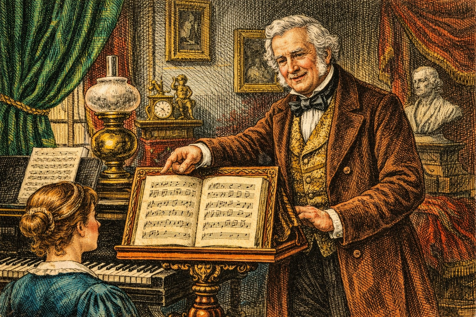 Victorian engraving of a music teacher giving personalized artisan voice lessons in a studio.