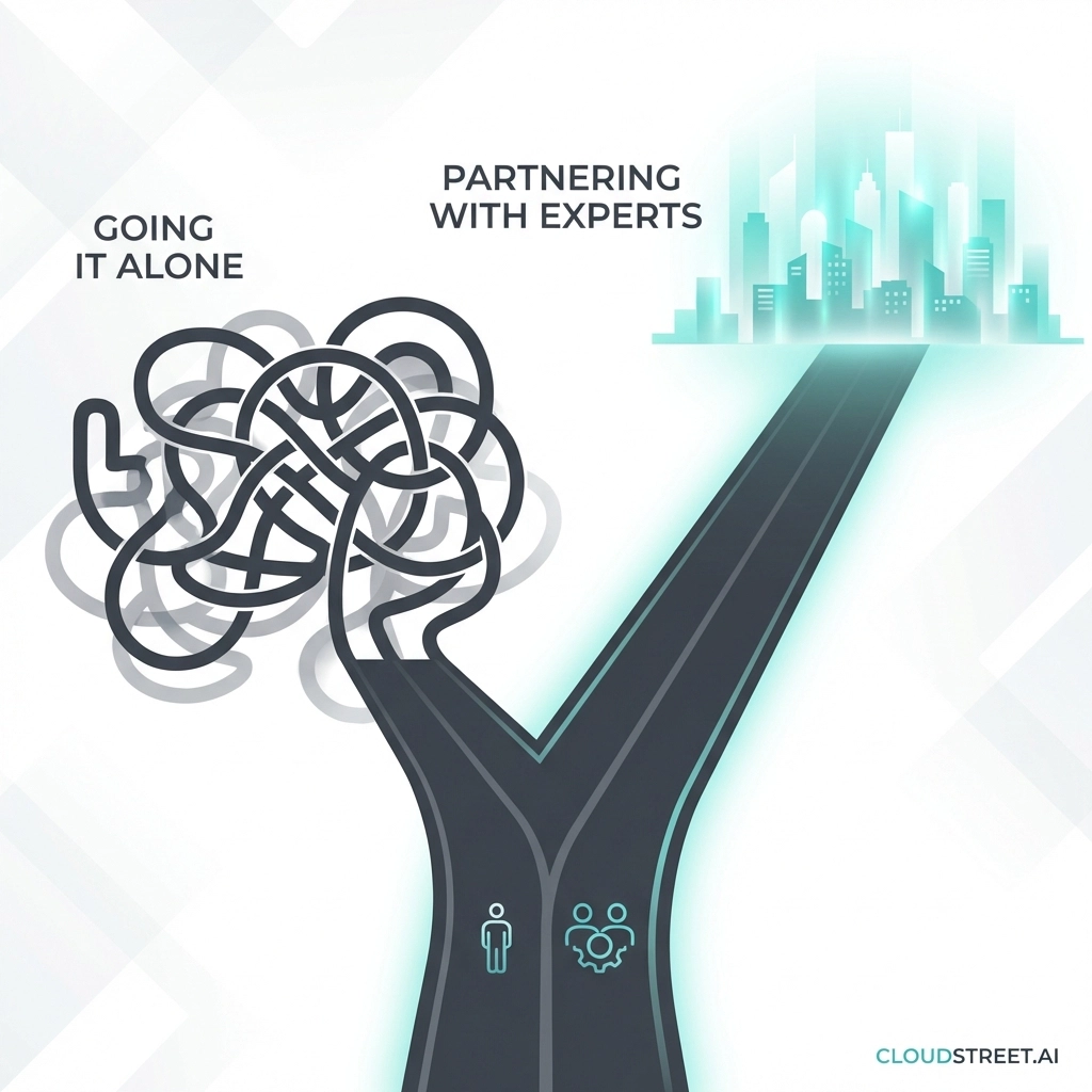 Road split illustrating choosing a Salesforce B2B Commerce Cloud partner over going it alone