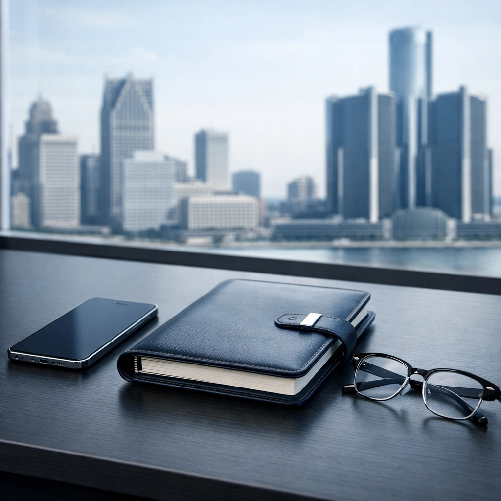 Organized executive desk in a Detroit office symbolizing professional readiness and business cybersecurity.