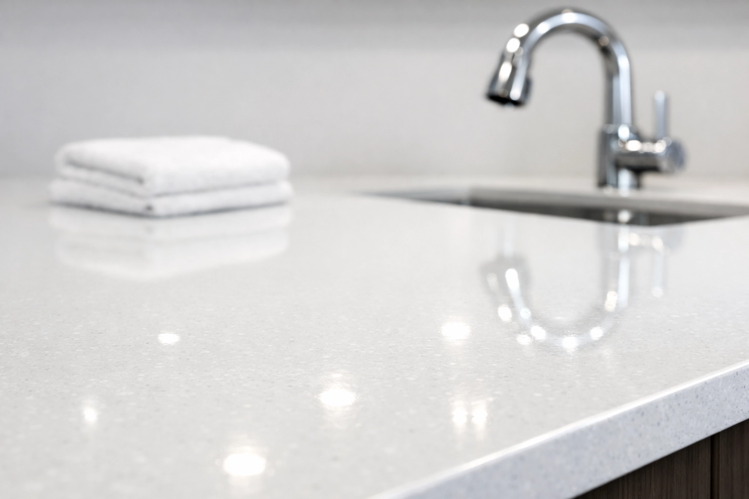 Pristine white quartz kitchen countertop representing professional Detroit turnover cleaning quality.