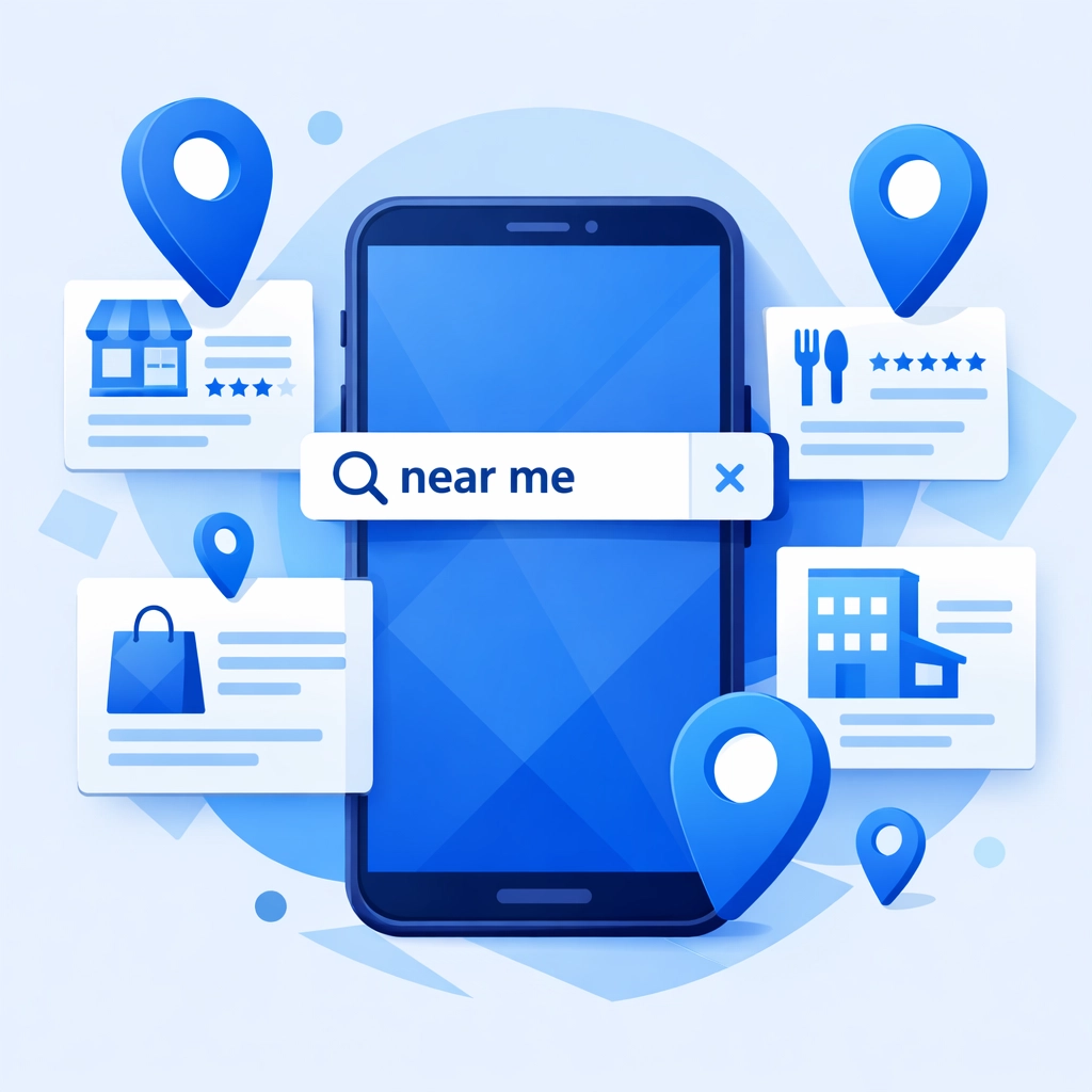 Mobile phone displaying local business search results with near me query and location pins