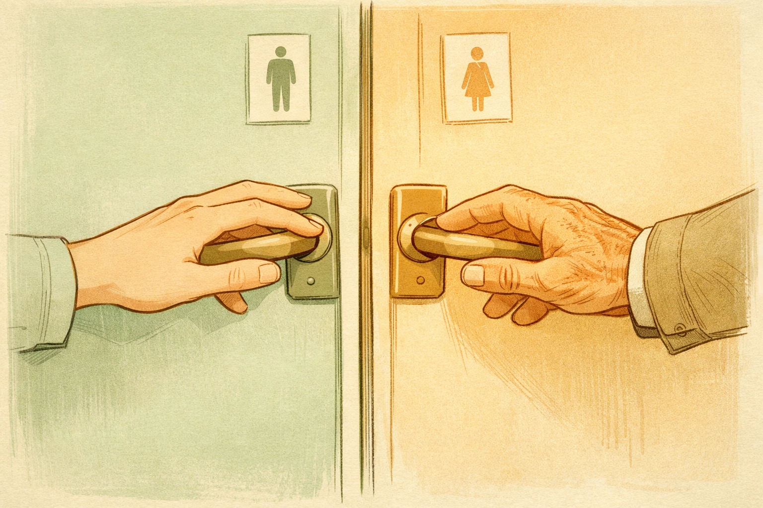 Father and son's hands reach for door simultaneously during awkward gay bar encounter
