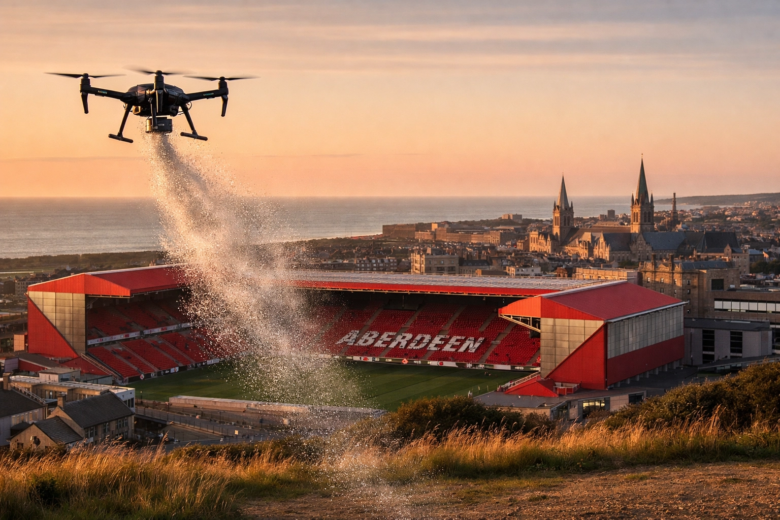 Drone ashes scattering ceremony near Pittodrie Stadium for a dedicated Aberdeen FC fan.