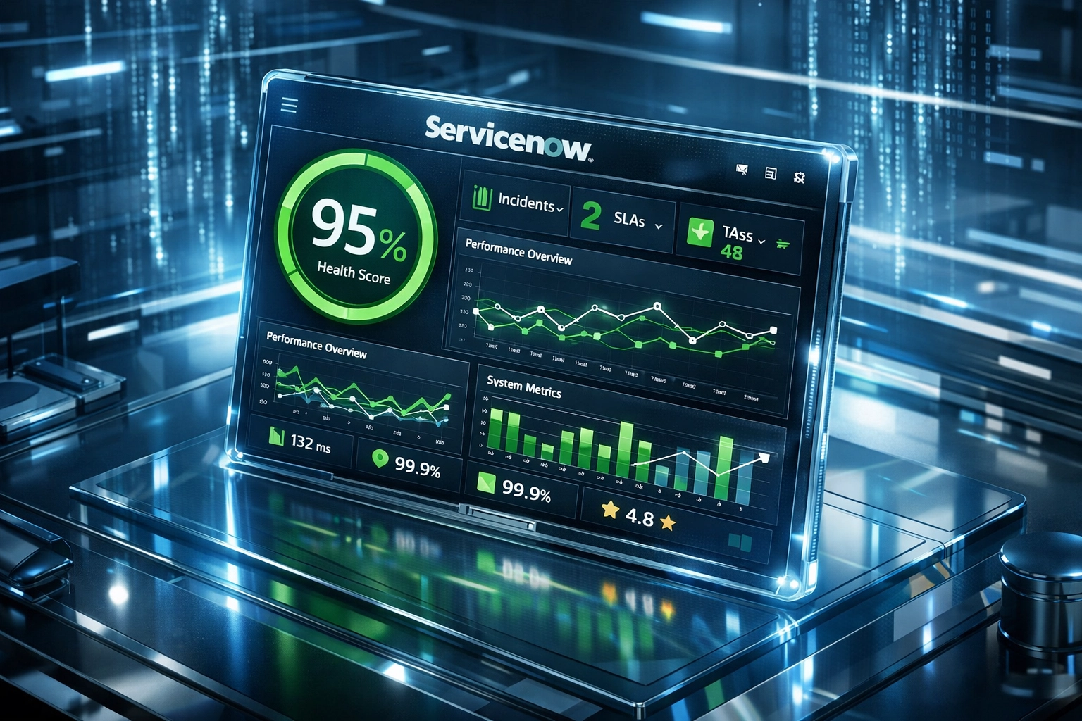 ServiceNow platform dashboard displaying 95% health score metrics for implementation partner evaluation