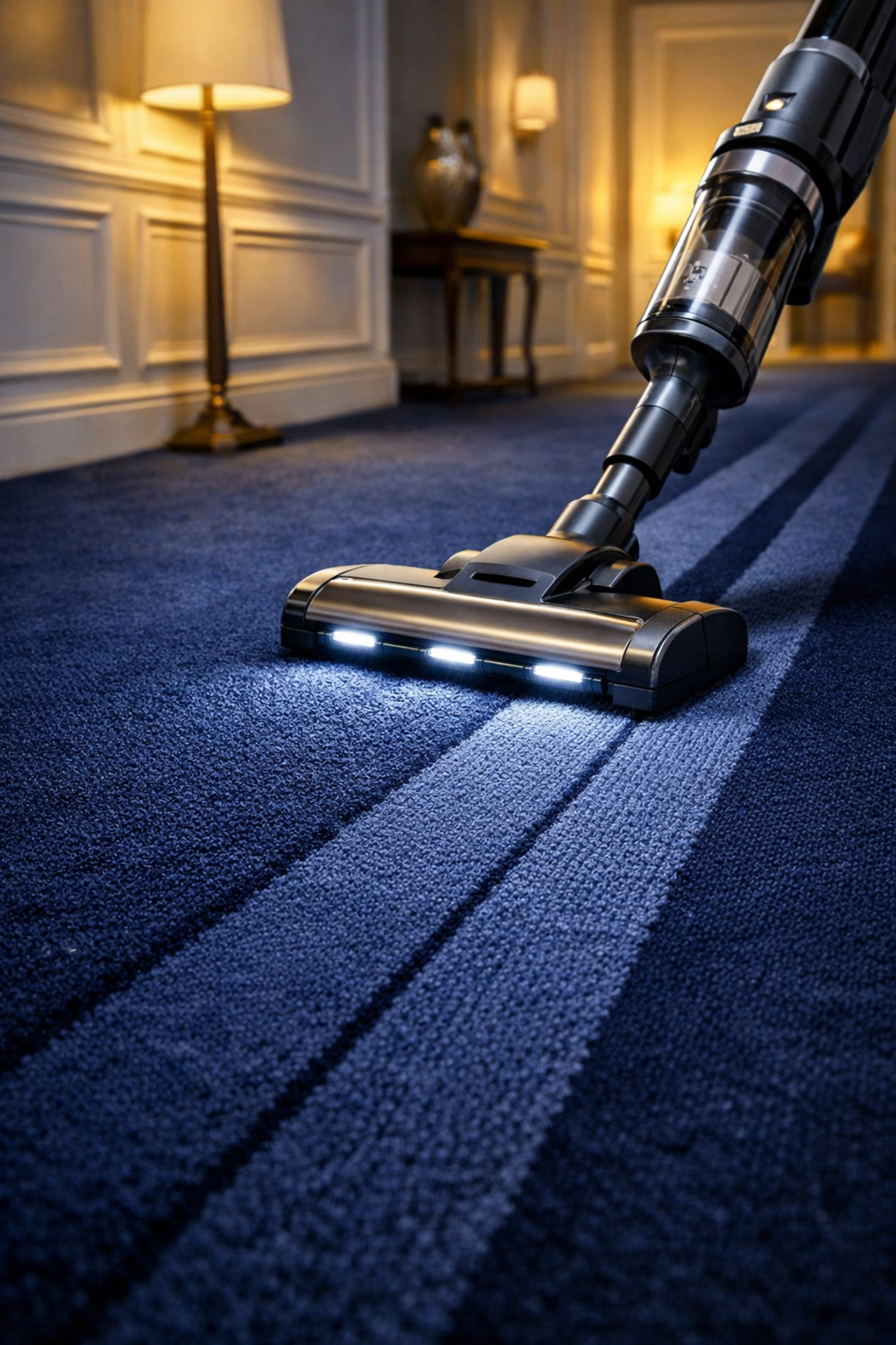 Modern vacuum leaving clean lines on a carpet during a weekly house cleaning routine.