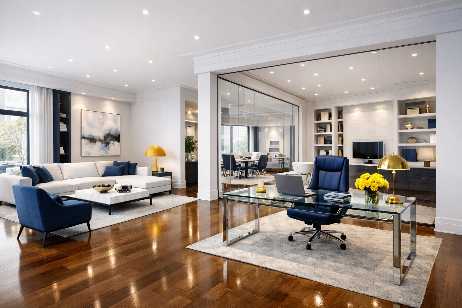 Clean living area and home office representing residential and office cleaning services for MetroWest businesses.