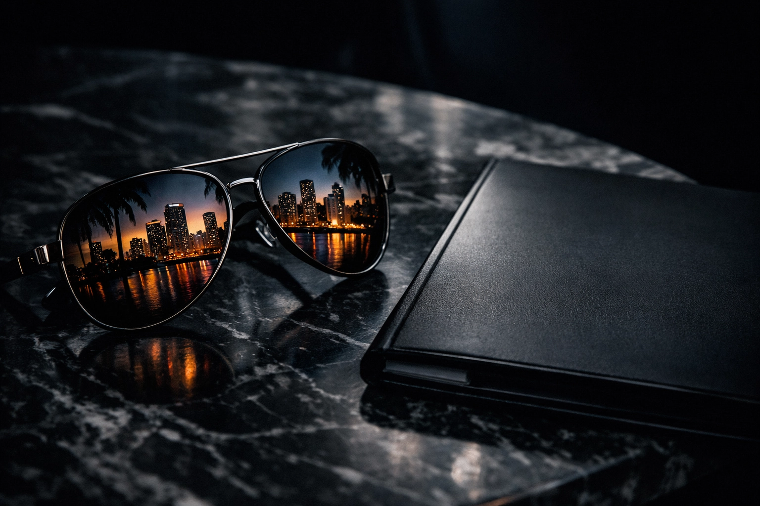 Confidential business folder and sunglasses on a table reflecting the Miami skyline during a sale.