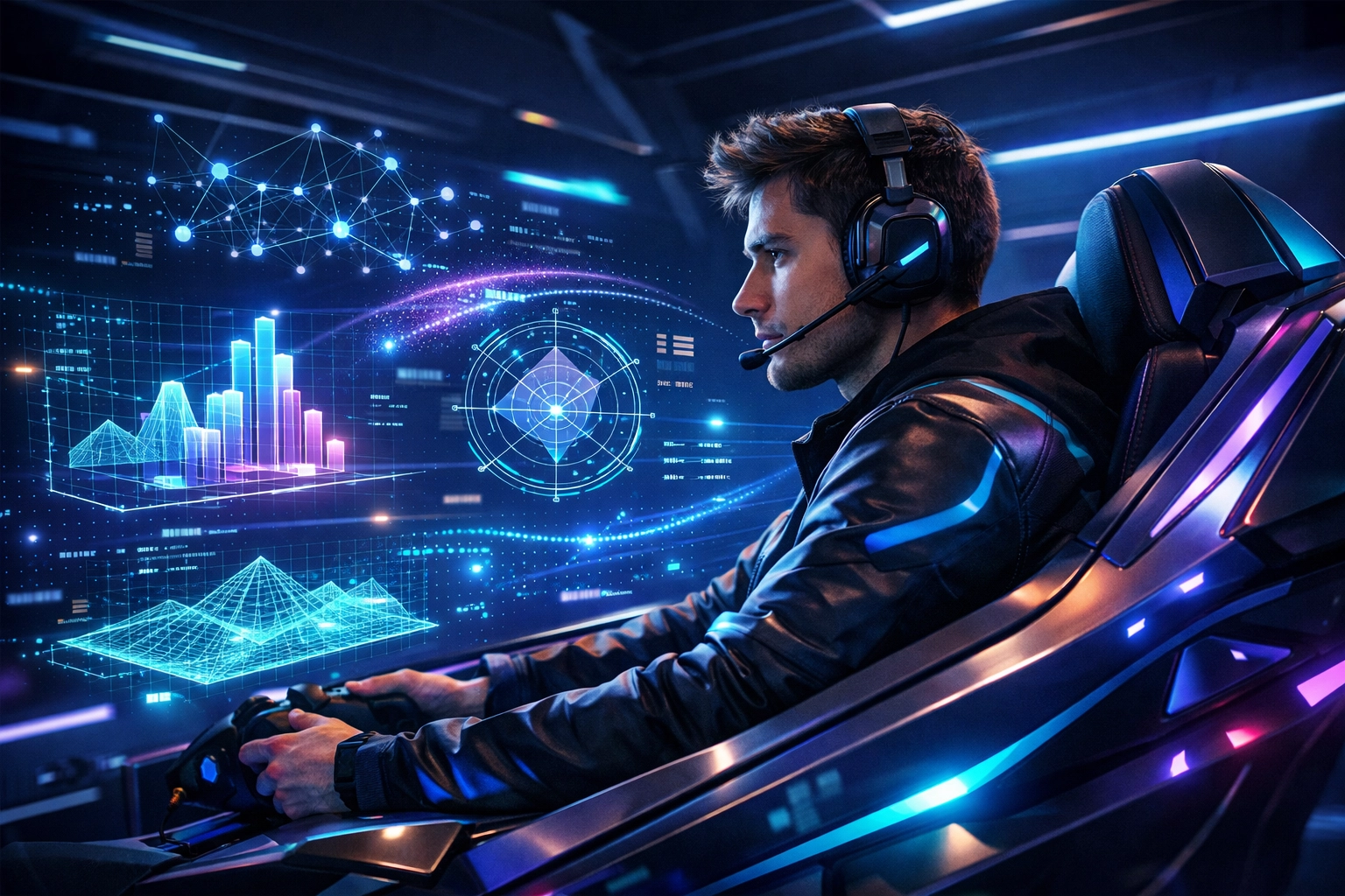 Data-driven recruitment using an EsportsPod simulation station showing real-time candidate performance analytics.