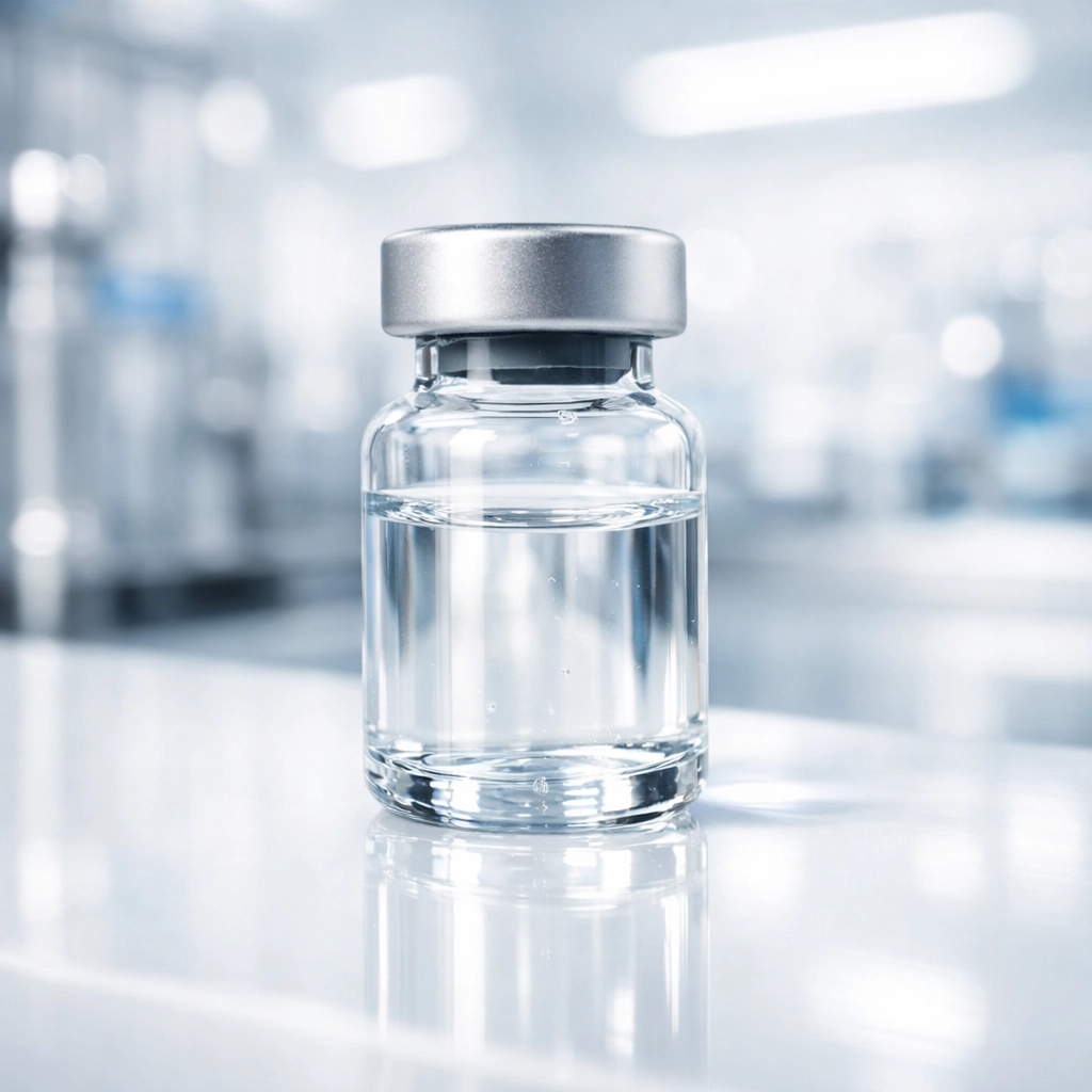 Prescription medication vial in a clinical pharmacy for Tirzepatide and GLP-1 weight loss treatments.