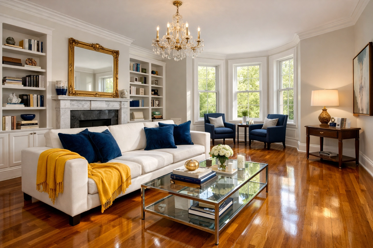 Spotless living room in a high-end Cambridge home following professional residential cleaning in MA.