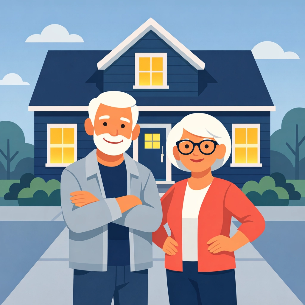 Senior couple at their New Haven home representing property tax relief and financial security for 2026.