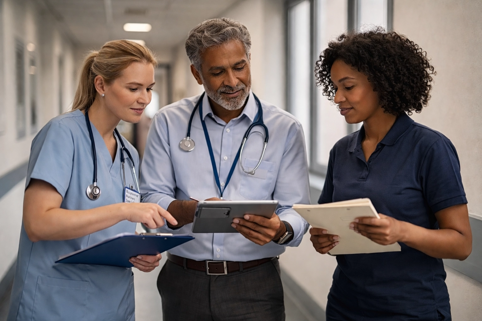NHS healthcare professionals networking and collaborating on respiratory care in hospital corridor