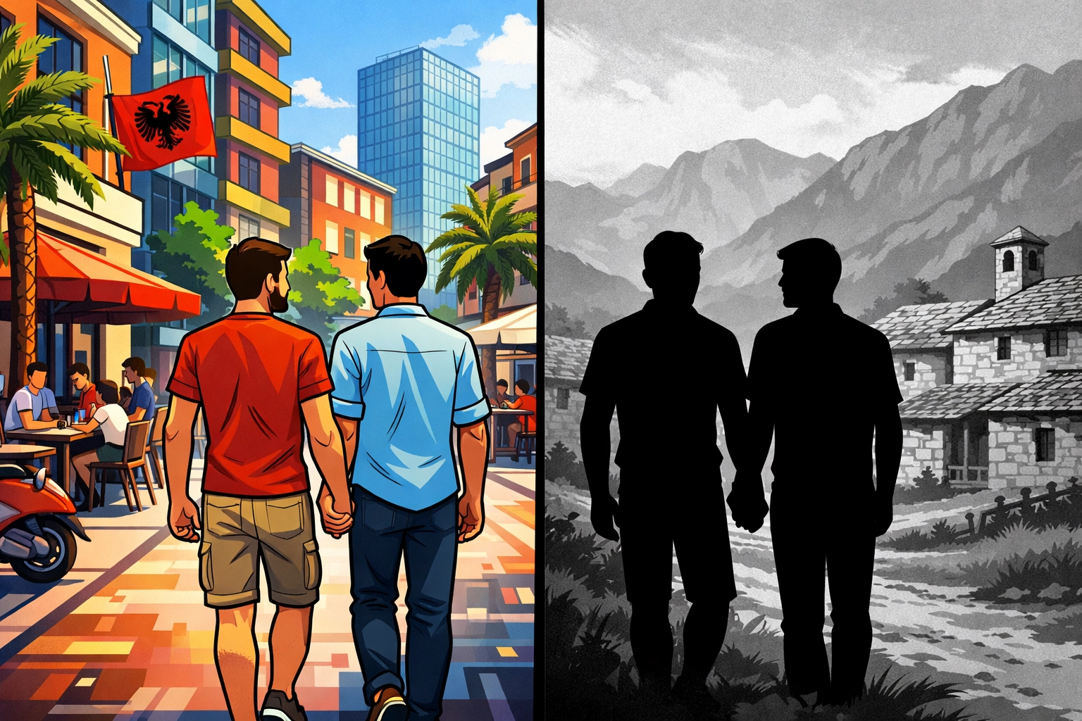Gay couple in urban Tirana vs rural Albania showing urban-rural divide