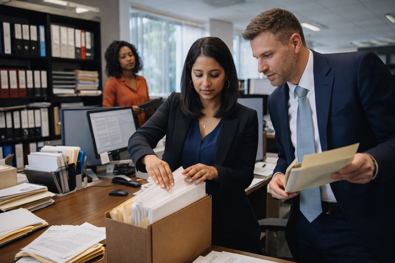 Legal administrative professional organizing documents in a modern law firm office, representing specialized legal assistant recruitment needs.