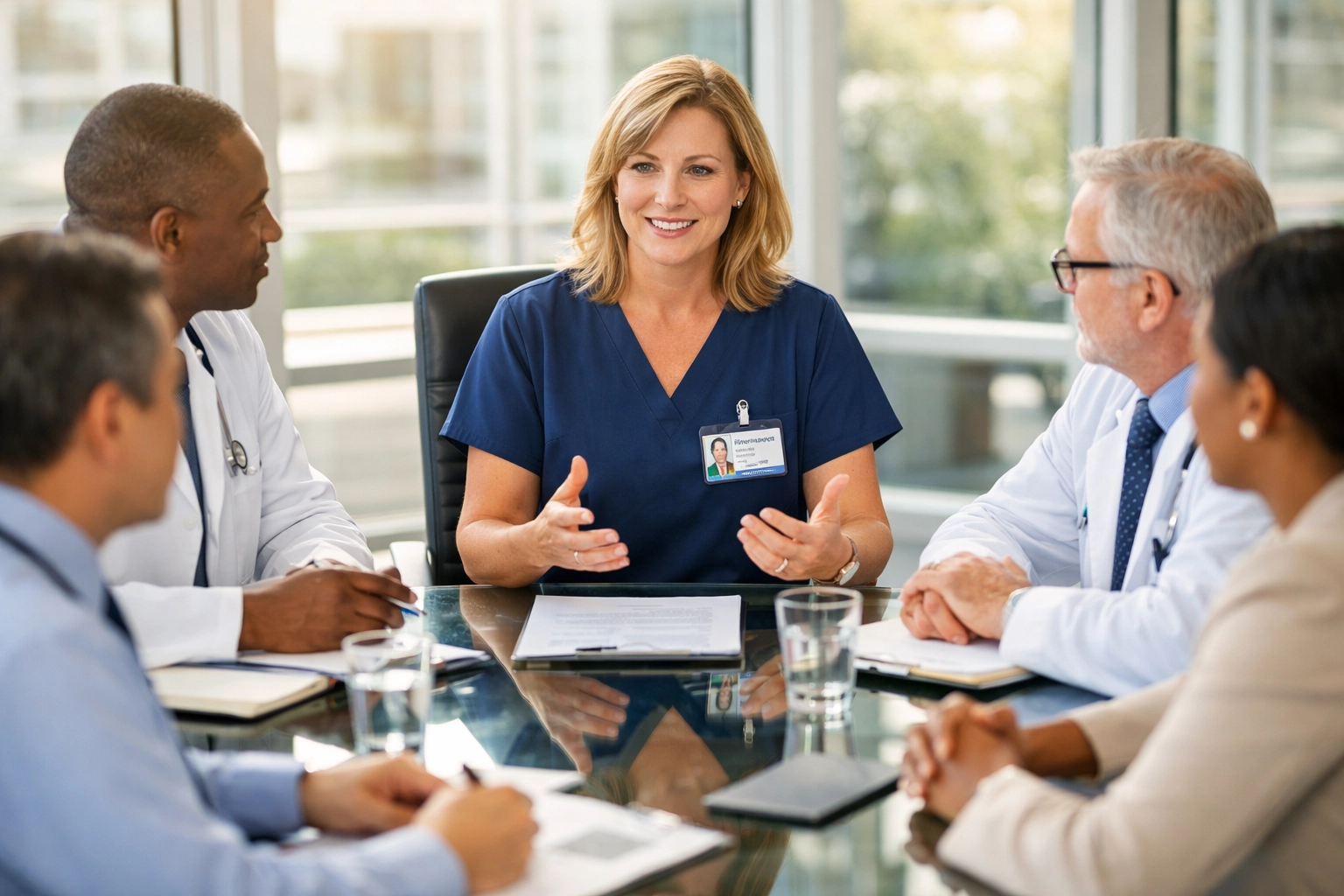 Director of Nursing leading healthcare leadership team meeting in long-term care facility