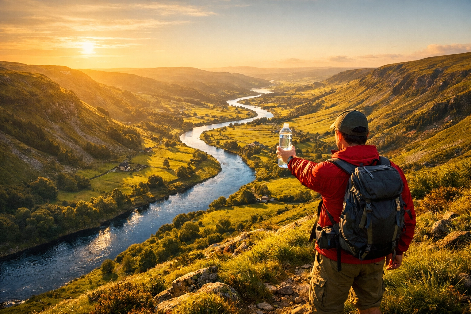 Hiker overlooking a UK river valley, practicing essential skills for wild camping guided UK.