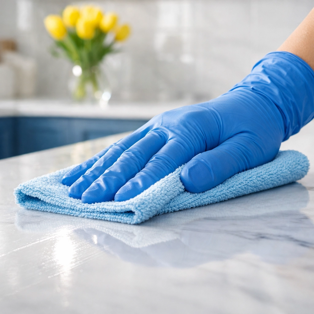 Professional hand cleaning a marble kitchen counter, representing high-quality cleaning services near me.