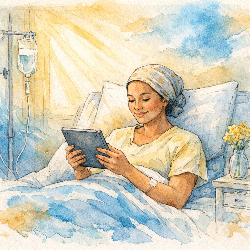 Hospital patient receiving hope through digital care package on tablet from online church