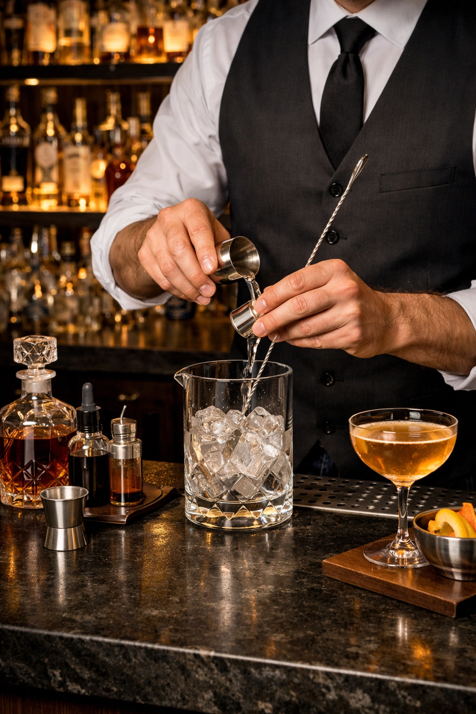 Professional bartender preparing drinks, highlighting safe alcohol service for liquor liability coverage.