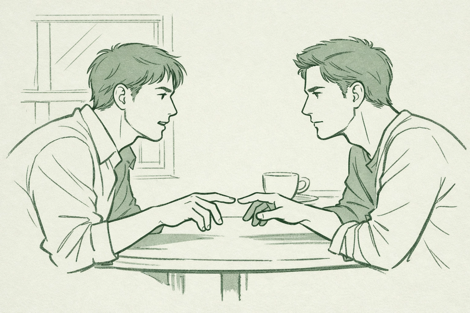 Male couple at café table with unspoken tension between them in gay romance fiction