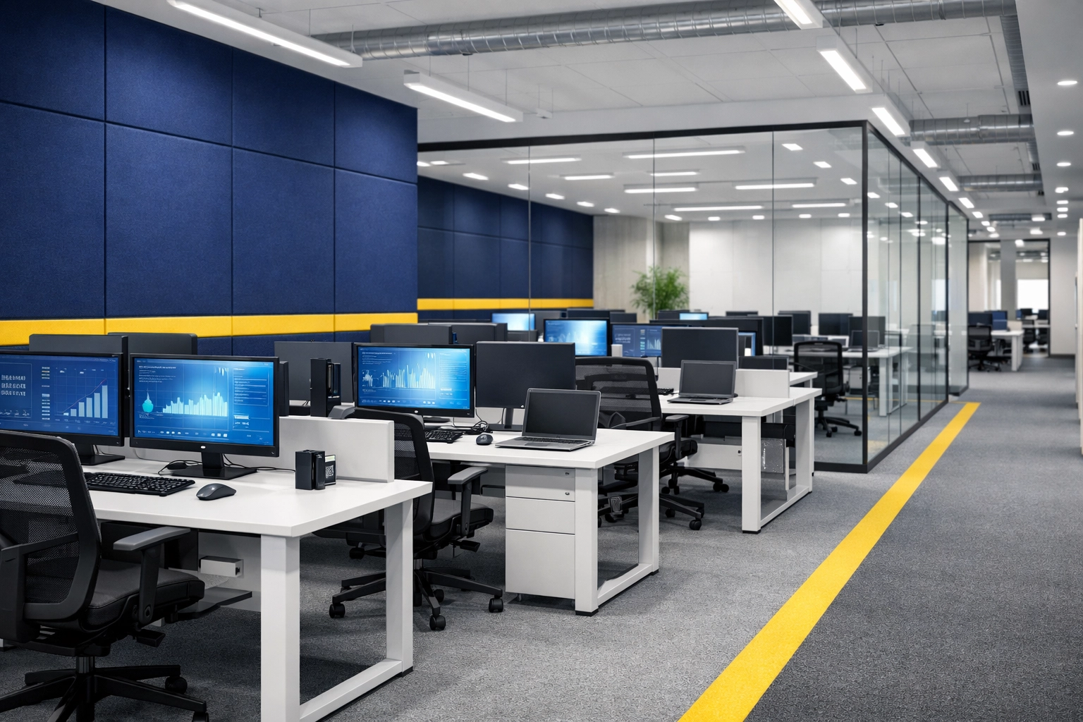 Immaculate open-plan tech office in Burlington featuring sanitized workstations and glass partitions.