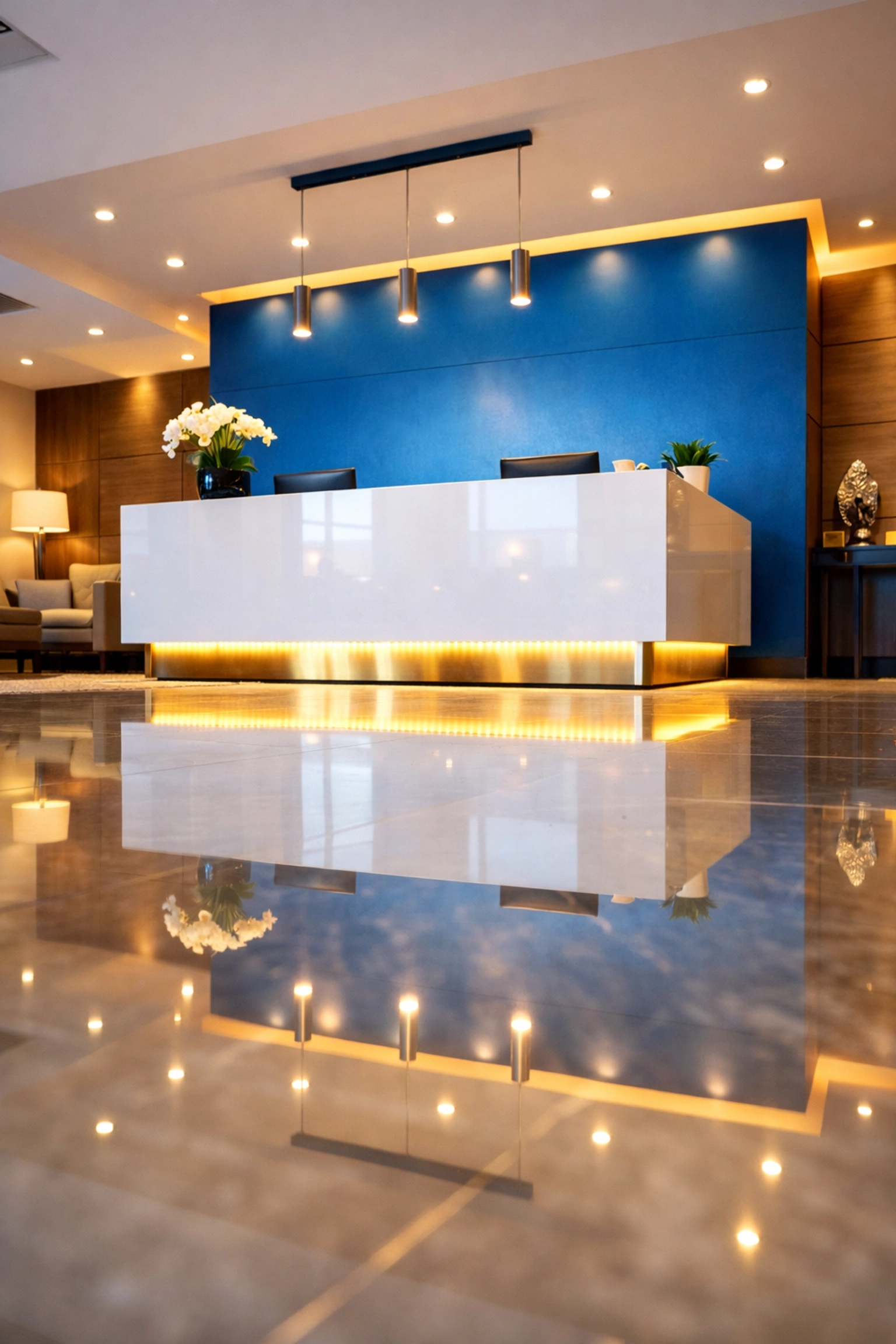 Professional Lunenburg business reception area with sparkling clean floors and bright lighting.