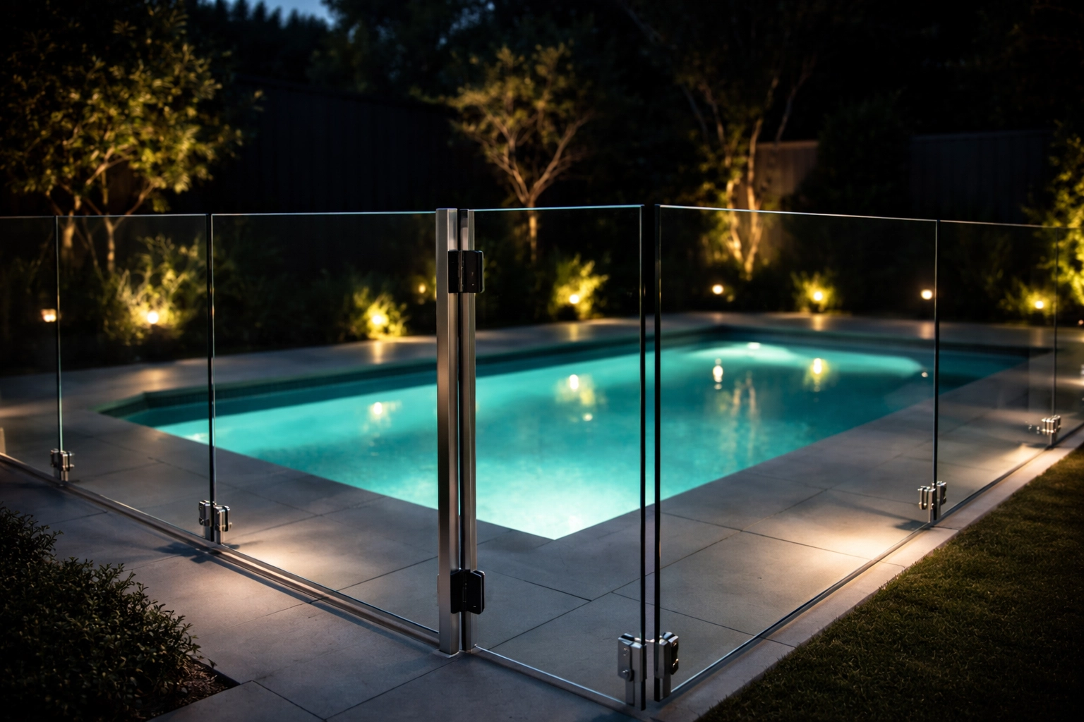 Modern glass pool fencing around backyard swimming pool in Brisbane, illustrating safety compliance
