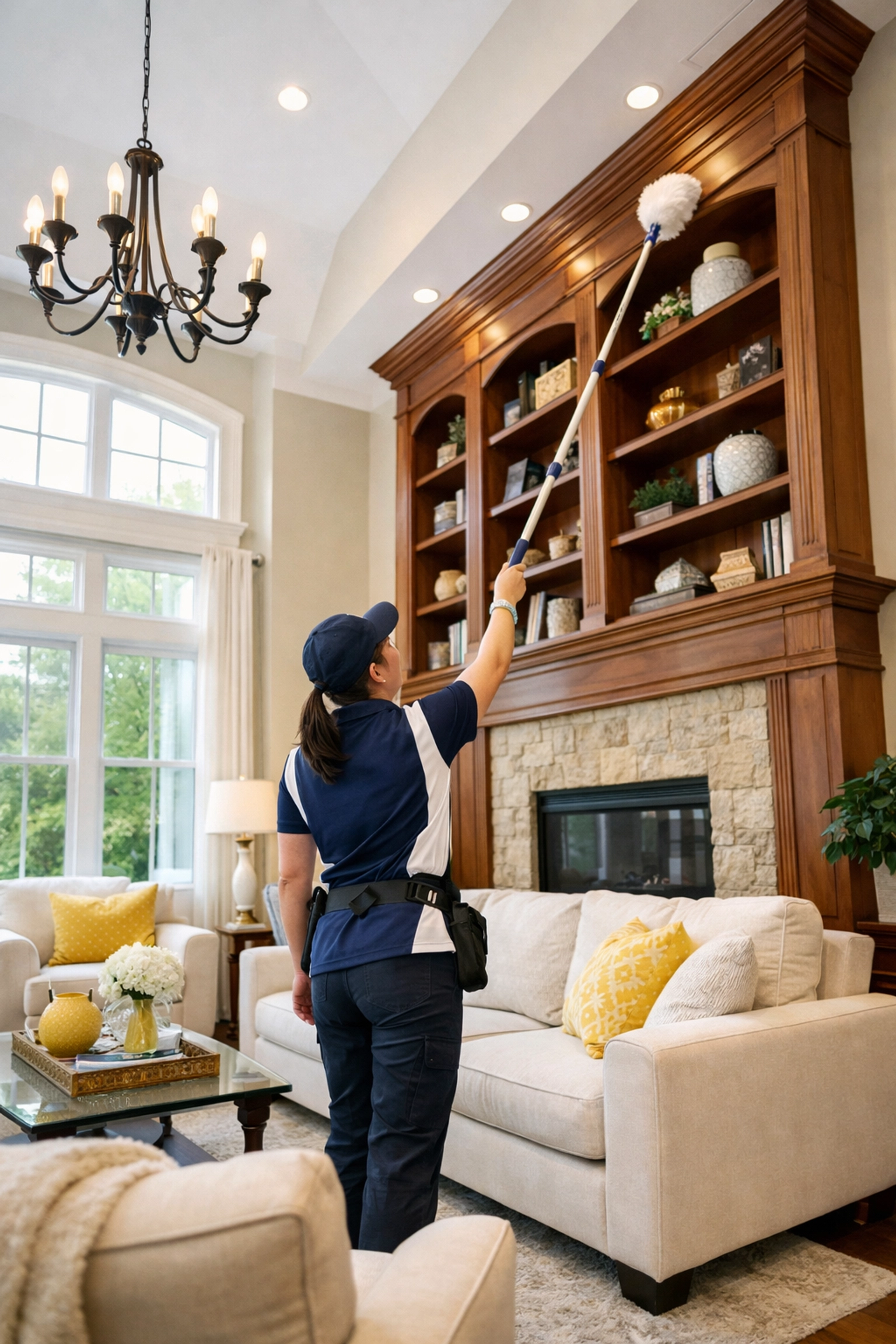 Professional house cleaning in Pepperell MA using a top-to-bottom dusting method in a luxury living room.