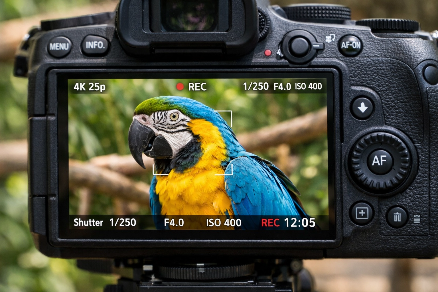 Professional camera displaying a vibrant macaw for a zoo species spotlight story.
