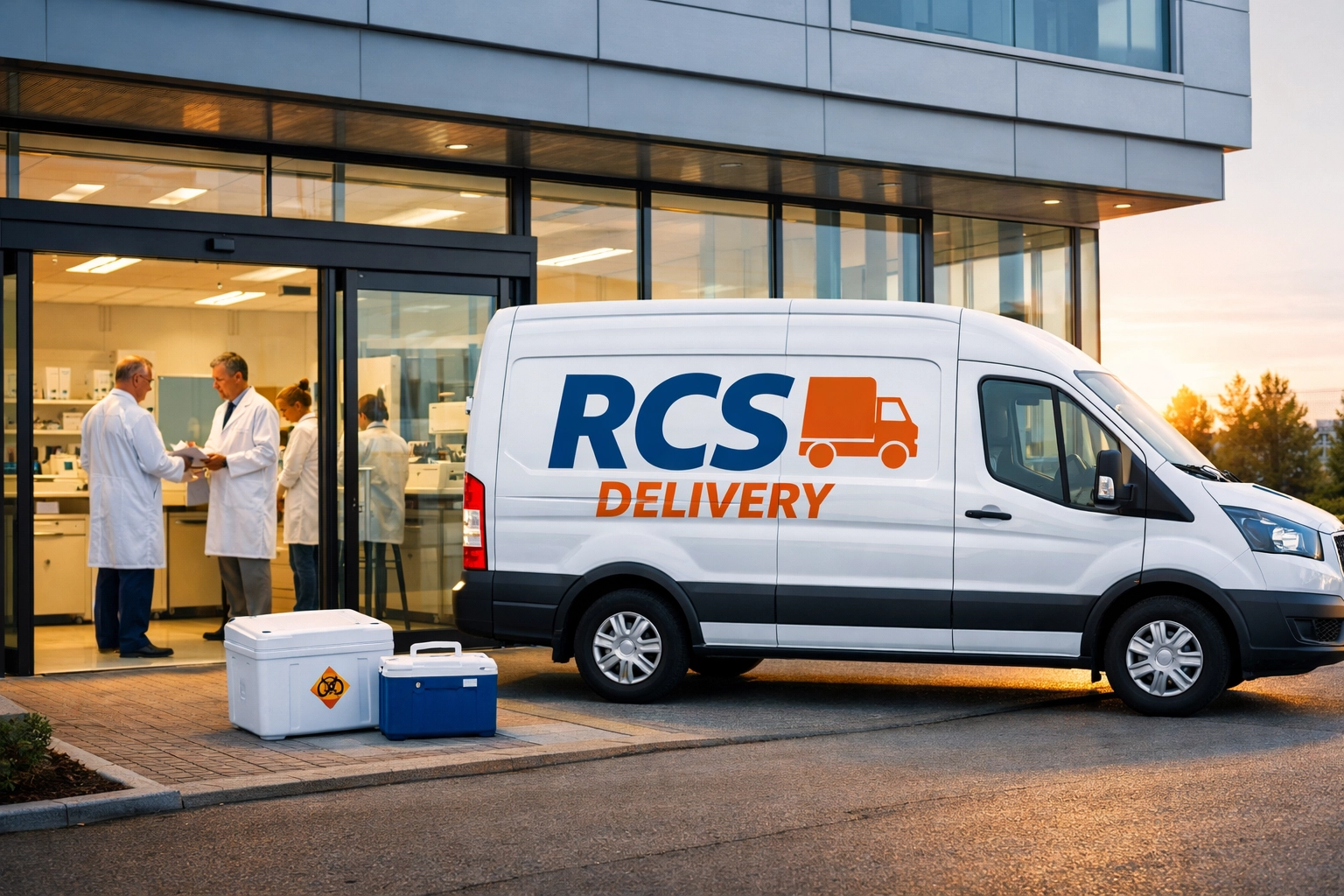 RCS Delivery medical courier service van at a laboratory for specimen transport.