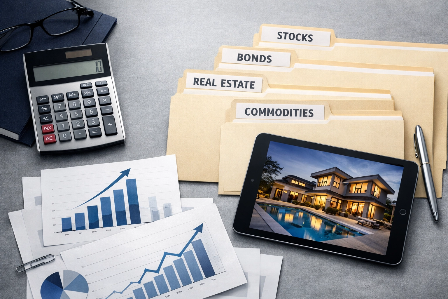 Organized SDIRA investment strategy workspace with real estate documents and financial growth charts