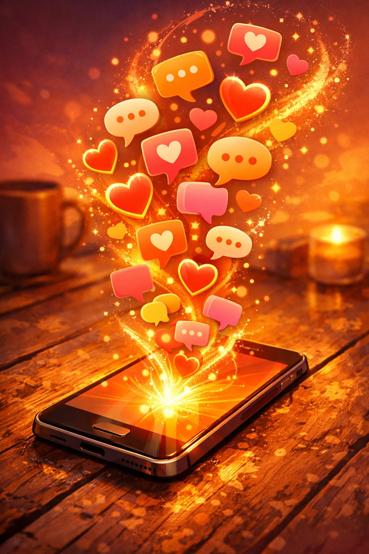 Smartphone with floating speech bubbles and hearts illustrating active social media engagement and community conversation.