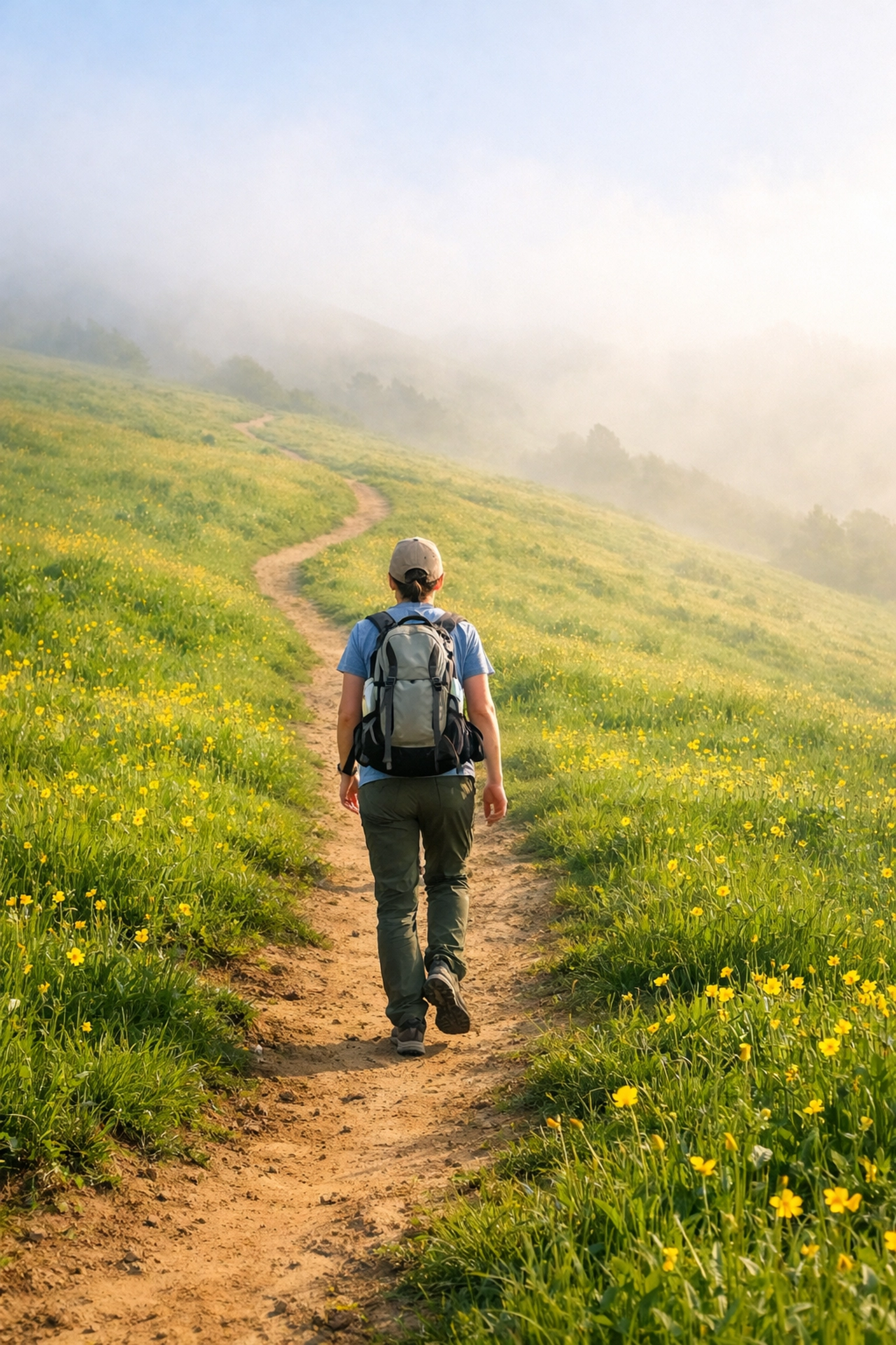 A hiker walking with a backpack along a winding dirt trail through a lush UK wildflower meadow.