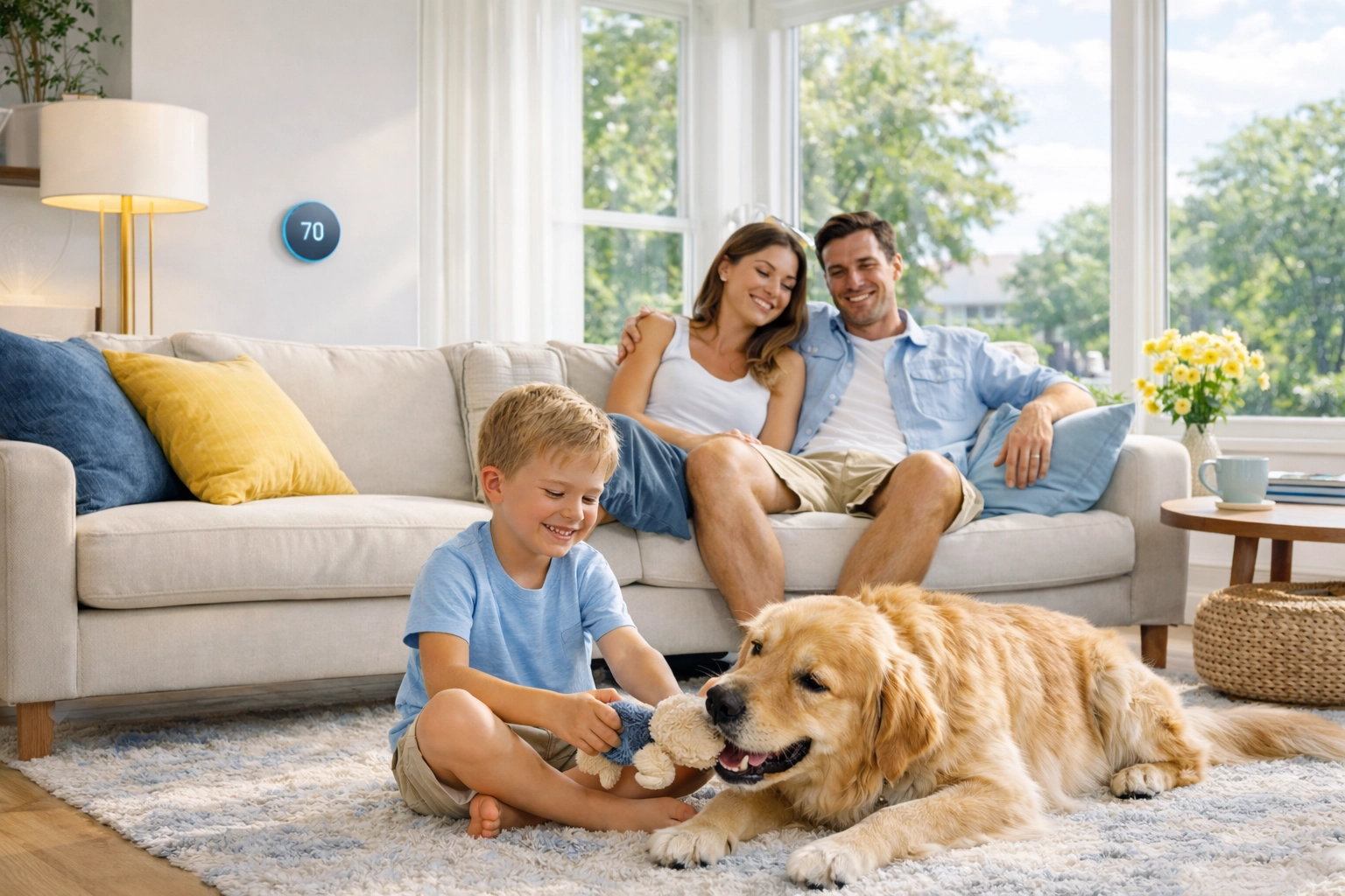 Family relaxing in a bright, modern living room with a discreet smart thermostat—cool, comfortable, and humidity-controlled.