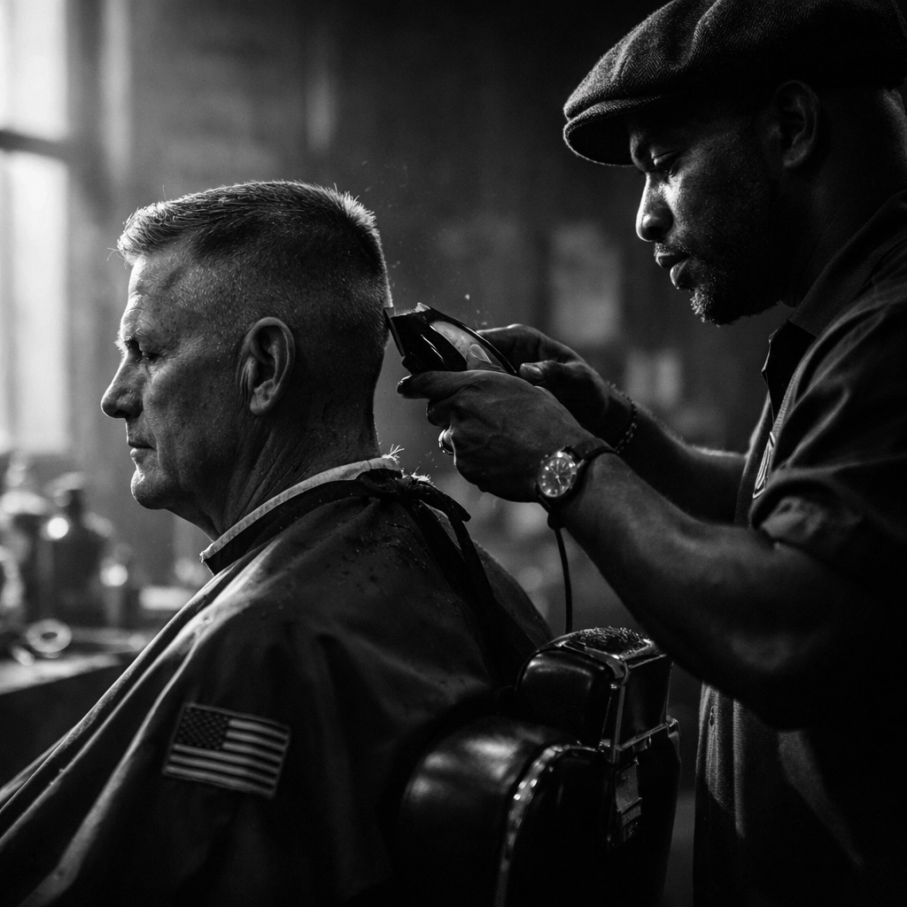 Veteran receiving professional haircut using GI Bill benefits at X-Quisite Cutz barbershop