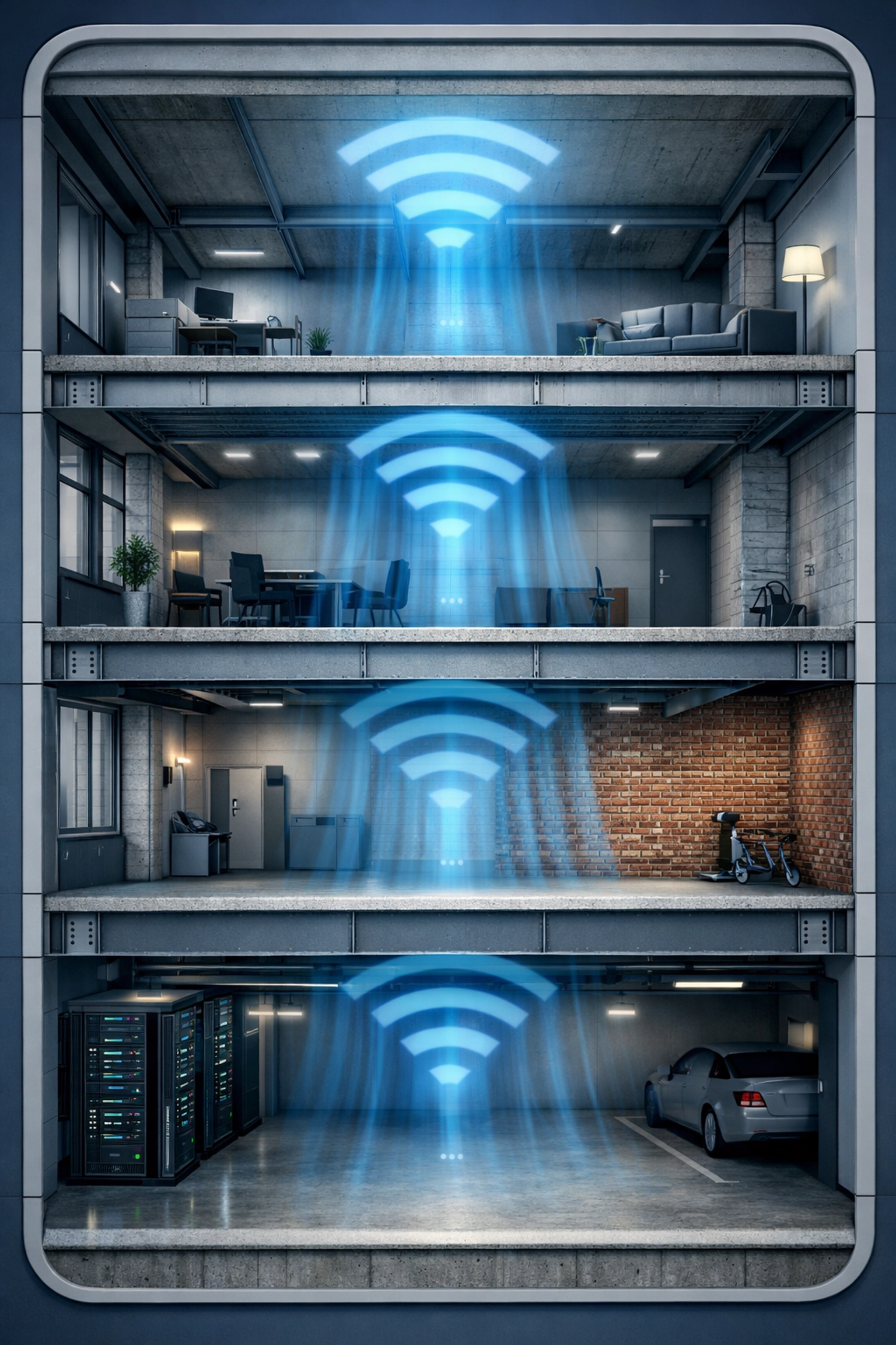 WiFi signal weakening through multiple building floors and concrete obstacles