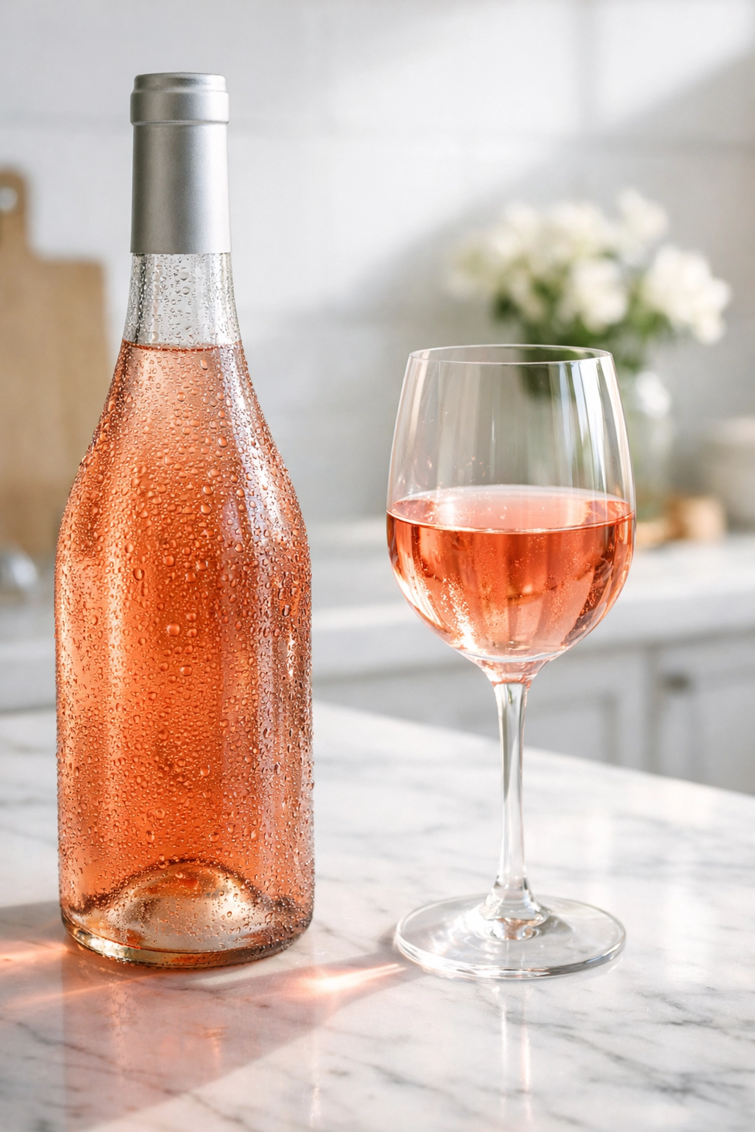 Chilled Ghiga Volto Nuovo Rosé bottle and glass on a bright, minimalist marble countertop.