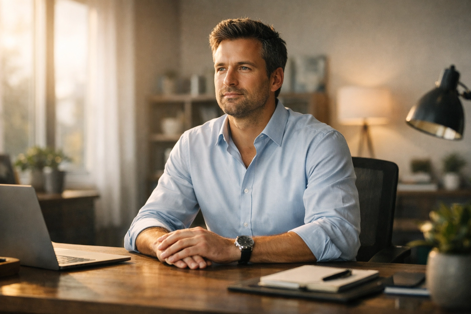 A professional man at his desk experiencing spiritual peace and purpose in his daily work.